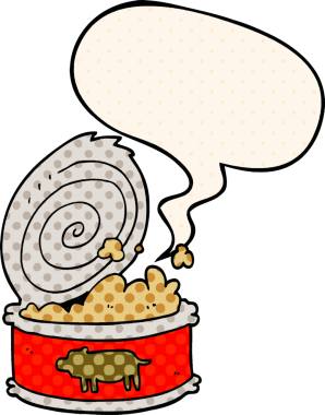 Çizgi roman tarzında bir insan tarafından çizilmiş, konuşma balonlu konserve yiyecekler.