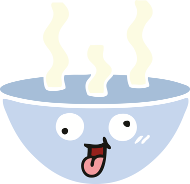 Bir insan tarafından çizilmiş sıcak çorba kasesinin düz renkli retro karikatürü