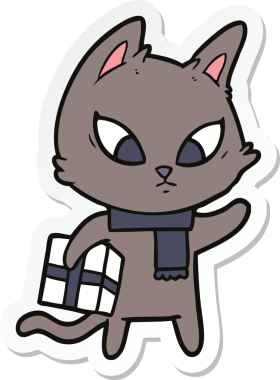 Bir insan tarafından çizilmiş kafası karışmış bir çizgi film kedisinin çıkartması.