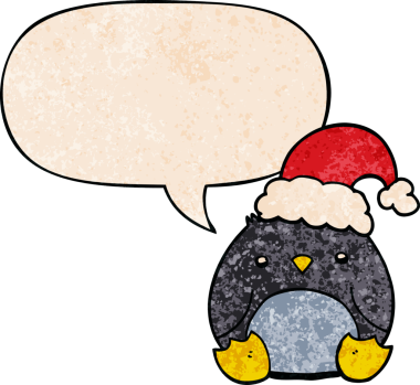 Bir insan tarafından çizilmiş eski moda konuşma baloncuklu Noel şapkası takan sevimli penguen çizgi filmi.