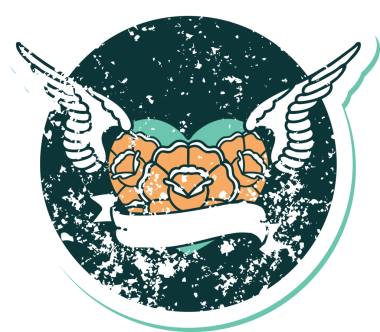 Bir insan tarafından çizilmiş çiçek ve pankartıyla uçan bir kalbin sembolik dövmeli resmi.