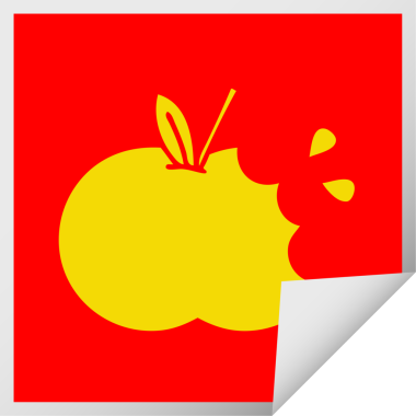 Bir insan tarafından çizilmiş sulu bir elmanın kare soyulmuş etiket karikatürü