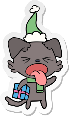 Bir insan tarafından çizilmiş Noel Baba şapkası giyen tiksinmiş bir köpeğin el yazısı.