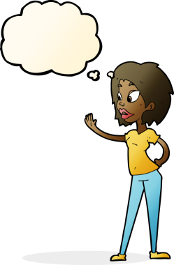 Bir insan tarafından çizilmiş düşünce baloncuğuyla el sallayan çizgi film kadını.