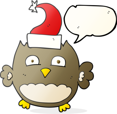 Bir insan tarafından çizilmiş noel şapkası giyen serbest konuşma balonu karikatürü baykuşu.
