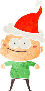 Bir insan tarafından çizilmiş Noel Baba şapkası giymiş kel bir adamın el çizimi karikatürü.