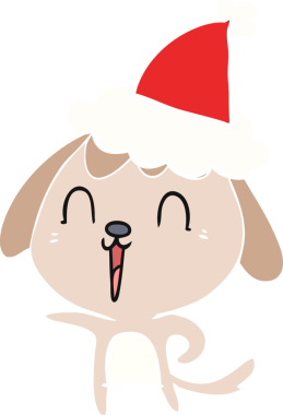 Bir insan tarafından çizilmiş Noel Baba şapkası takan bir köpeğin düz renk çizimi.