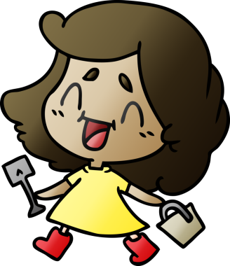 Bir insan tarafından çizilmiş kova ve kürekle çizilmiş tatlı kawaii kız çizimi.