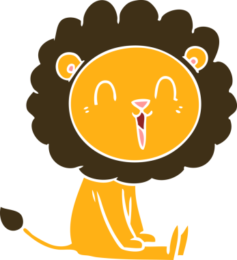 Gülen aslan düz renkli çizgi film bir insan tarafından çizilmiş.