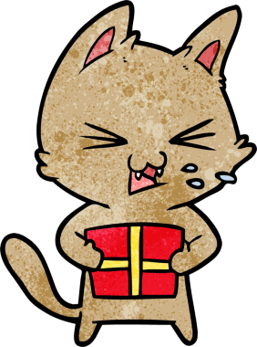 Bir insan tarafından çizilmiş Noel hediyeli tıslayan kedi çizgi filmi.