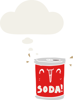 Düşünce baloncuğu olan karikatür soda kutusu insan tarafından çizilmiş.