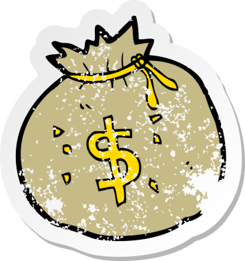 Bir insan tarafından çizilmiş para dolu bir karikatür çantasının geriletilmiş etiketi.