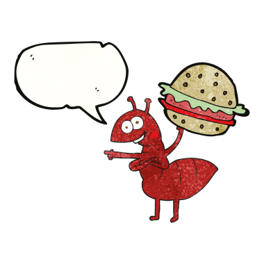 Serbest konuşma baloncuğu desenli karınca insan tarafından çizilmiş yiyecekleri taşıyor.