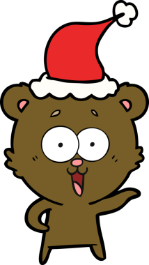 Gülen ayıcığın el çizimi. Bir insan tarafından çizilmiş Noel Baba şapkası.