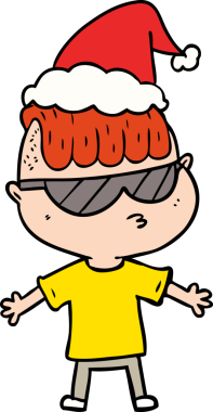 Güneş gözlüğü takan, Noel Baba şapkası takan bir çocuğun çizdiği el çizimi.