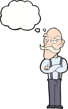 Bir insan tarafından çizilen düşünce baloncuğuyla sıkılmış yaşlı bir adam.