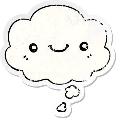 Düşünce baloncuğu olan sevimli bir çizgi film yüzü bir insan tarafından çizilmiş yıpranmış bir çıkartma gibi.