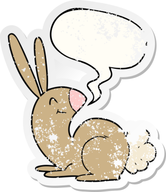 Konuşma baloncuğu olan sevimli çizgi film tavşanı bir insan tarafından çizilmiş sıkıntılı eski bir çıkartma