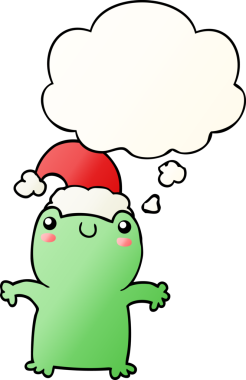 Bir insan tarafından çizilmiş düşünce baloncuklu Noel şapkası takan sevimli bir kurbağa.