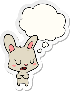 Düşünce baloncuğuyla konuşan çizgi film tavşanı insan tarafından çizilmiş bir çıkartma gibidir.