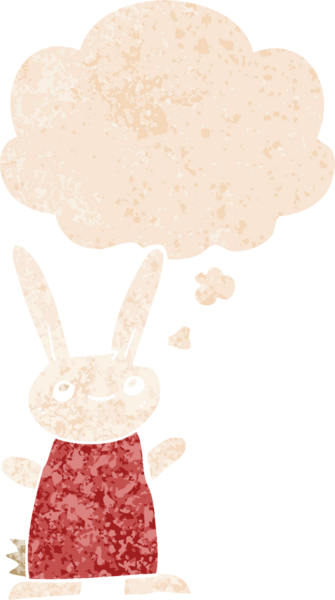 Homurdanan düşünce baloncuğu olan sevimli çizgi film tavşanı bir insan tarafından çizilmiş dertli retro tarzı.