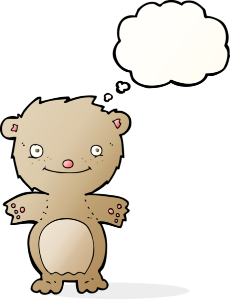 Bir insan tarafından çizilmiş düşünce baloncuğu olan mutlu küçük oyuncak ayı.