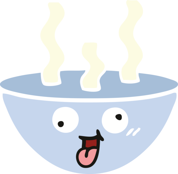 Bir insan tarafından çizilmiş sıcak çorba kasesinin düz renkli retro karikatürü