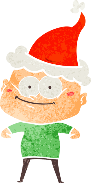 Bir insan tarafından çizilmiş Noel Baba şapkası giymiş kel bir adamın el çizimi karikatürü.