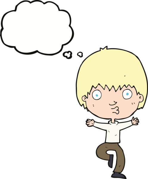 Bir insan tarafından çizilmiş düşünce baloncuğu olan heyecanlı çocuk.