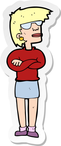 Çizgi film çıkartması. Bir insan tarafından çizilmiş rahatsız bir kadın.