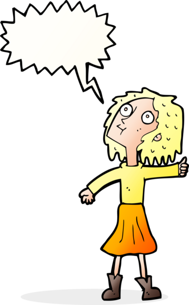 Bir insan tarafından çizilmiş konuşma baloncuğuyla gökyüzüne bakan çizgi film kadını.