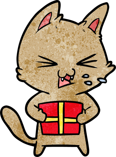 Bir insan tarafından çizilmiş Noel hediyeli tıslayan kedi çizgi filmi.