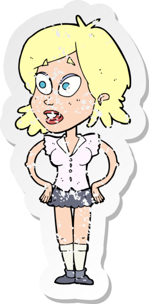 Bir insan tarafından çizilmiş kalçasında elleri olan bir karikatür kadının gerilmiş çıkartması.