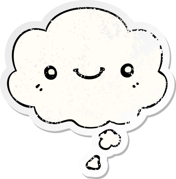 Düşünce baloncuğu olan sevimli bir çizgi film yüzü bir insan tarafından çizilmiş yıpranmış bir çıkartma gibi.