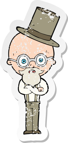 Bir insan tarafından çizilmiş silindir şapkalı yaşlı bir adamın karikatür yapıştırması.