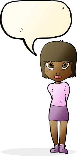 Bir insan tarafından çizilmiş bir konuşma balonuyla ayakta duran çizgi film kadını.