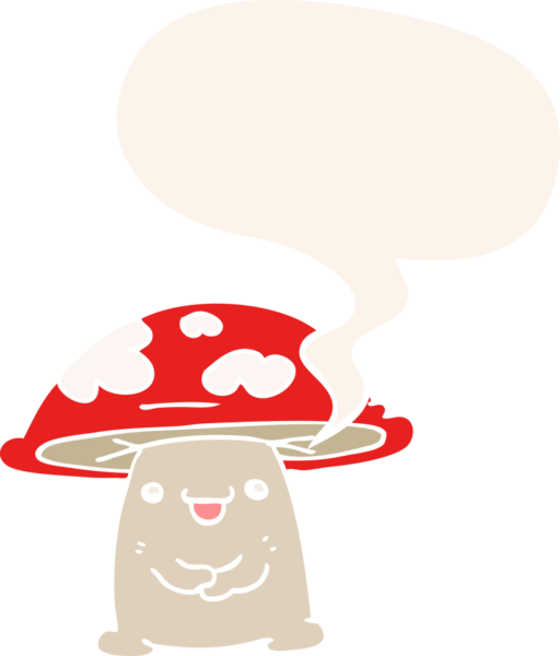 bir insan tarafından çizilmiş retro tarzı konuşma balonu olan mantar karakteri.