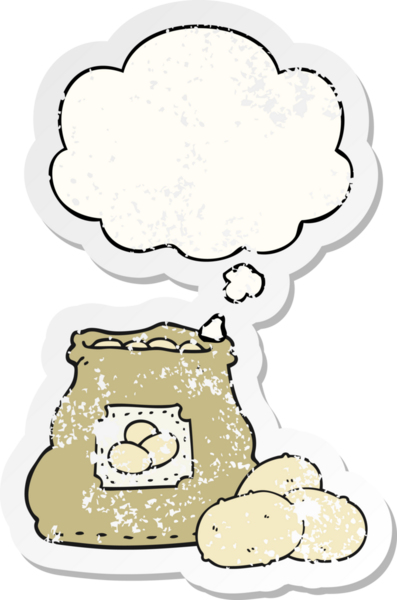 Düşünce baloncuklu bir patates çuvalı insan tarafından çizilmiş yıpranmış bir çıkartma.