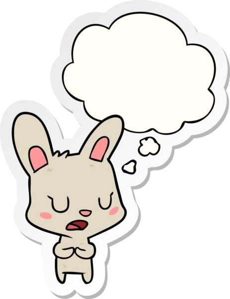 Düşünce baloncuğuyla konuşan çizgi film tavşanı insan tarafından çizilmiş bir çıkartma gibidir.