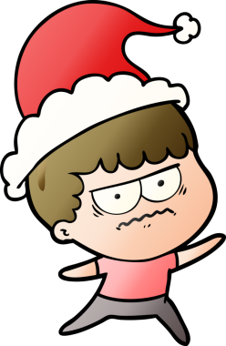 Bir insan tarafından çizilmiş Noel Baba şapkası giymiş sinirli bir adamın el çizimi karikatürü.