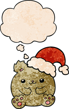 Bir insan tarafından çizilmiş grunge desenli düşünce baloncuğu olan şirin çizgi film noel ayısı.