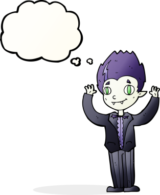 Bir insan tarafından çizilmiş düşünce balonu olan vampir çocuk.