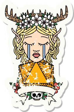 Hüzünlü bir Elf Druid karakterinin yapışkan etiketi. Doğal bir D20 ruloyla bir insan tarafından çizilmiş.