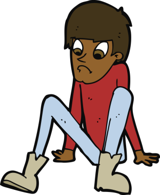 Bir insan tarafından çizilmiş yerde oturan çizgi film çocuğu.