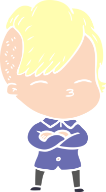 Düz renkli çizgi film çizen kız bir insan tarafından çizilmiş.