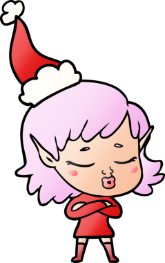 Bir insan tarafından çizilmiş Noel Baba şapkası giymiş güzel bir elf kızının gradyan çizimi.