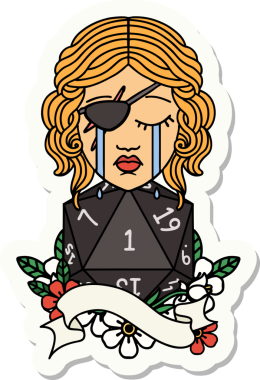 Ağlayan bir insan hırsızının çıkartması. Bir insan tarafından çizilmiş doğal bir D20 rulosu.