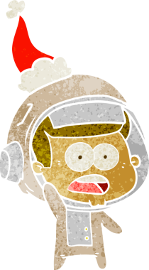 Şaşırmış bir astronotun insan tarafından çizilmiş Noel Baba şapkası giydiği el çizimi bir çizgi film.