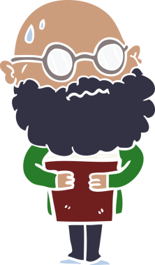 Düz renkli çizgi film. Sakallı ve gözlüklü endişeli bir adam. Bir insan çizmiş.