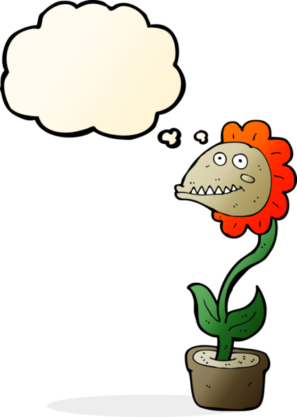 Bir insan tarafından çizilmiş düşünce baloncuklu canavar bitkisi.